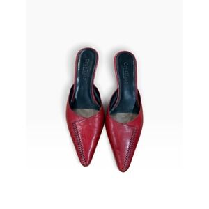Cole Haan Vintage 90s Red Leather Mules Pointed Toe Whipstitch Kitten Heel 6.5B